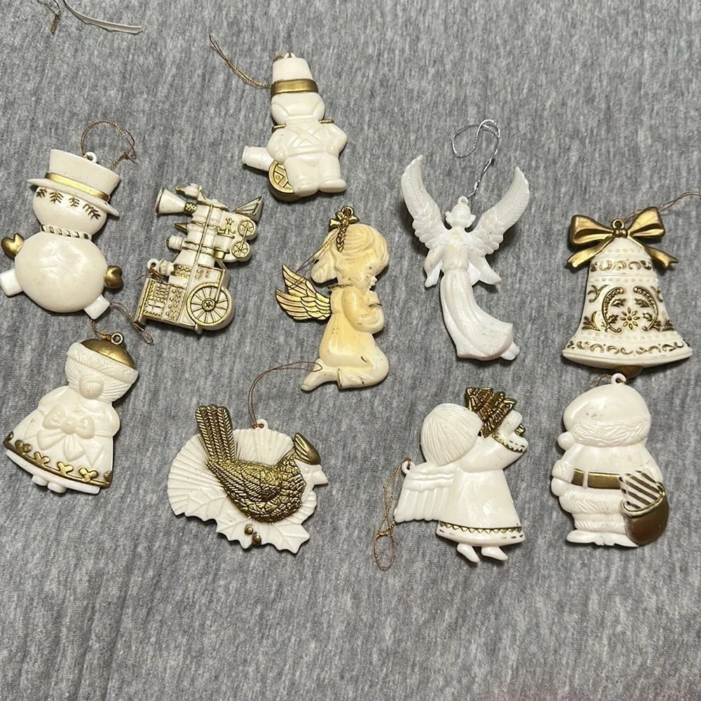 Vintage Gold & White Plastic Christmas Ornaments Lot of 10